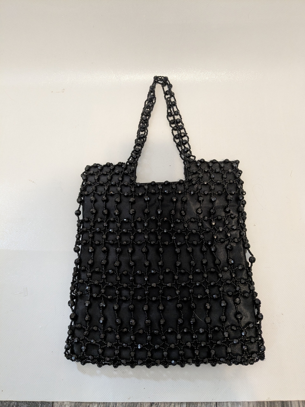 Vintage Black Beaded Tote Bag with Knotted Handle Purse